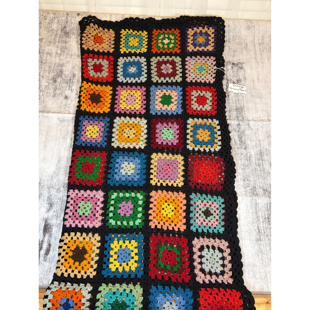 Vintage Granny Square Crochet Blanket Multi-Color Black Border Throw 55x49 Boho